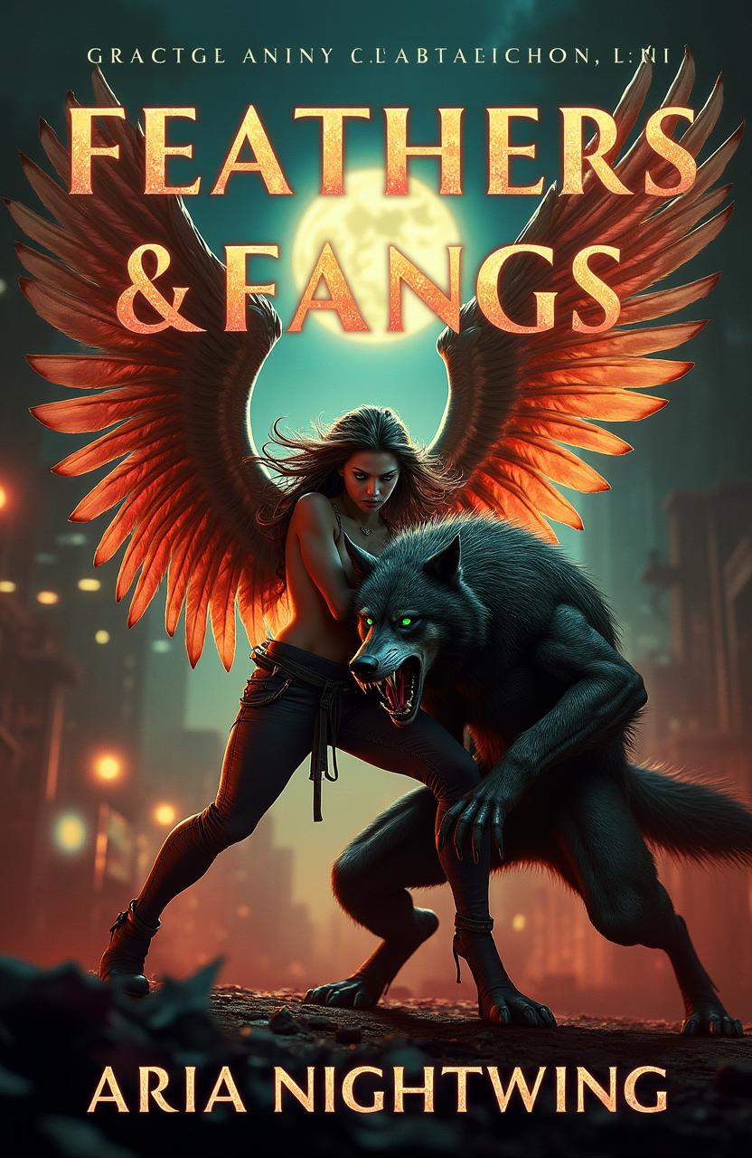 A striking book cover design for 'Feathers & Fangs' by Aria Nightwing, showcasing an urban fantasy theme