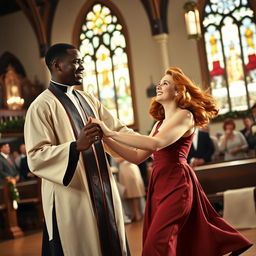 A young Black priest dancing with a young red-haired woman in a lively church setting in the year 1940