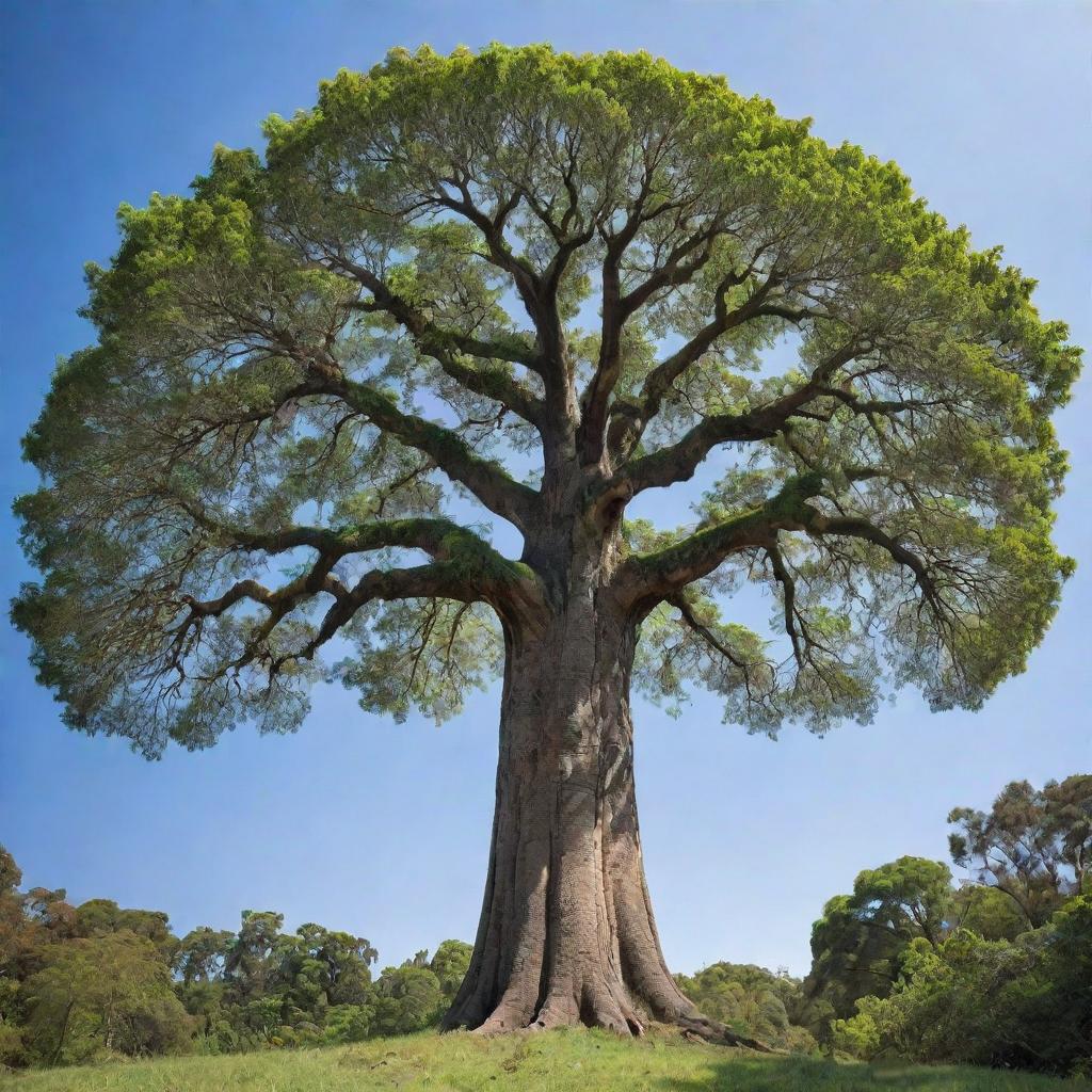 A majestic, towering tree, dominating the landscape with its towering height and expansive canopy. Its trunk is rugged and strong, and its leaves lush and verdant, standing bravely against a clear blue sky.