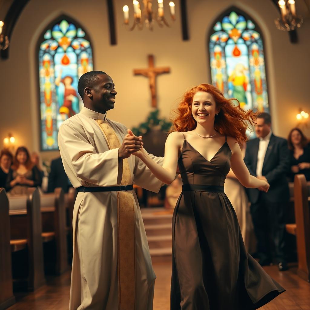 A young Black priest dancing with a young red-haired woman in a lively church setting in the year 1940