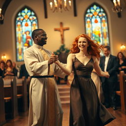 A young Black priest dancing with a young red-haired woman in a lively church setting in the year 1940