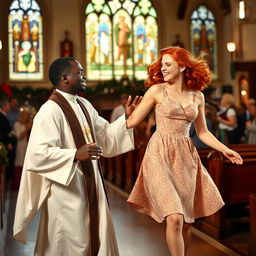 A young Black priest dancing with a young red-haired woman in a lively church setting in the year 1940