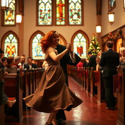 A young Black priest dancing with a young red-haired woman in a lively church setting in the year 1940