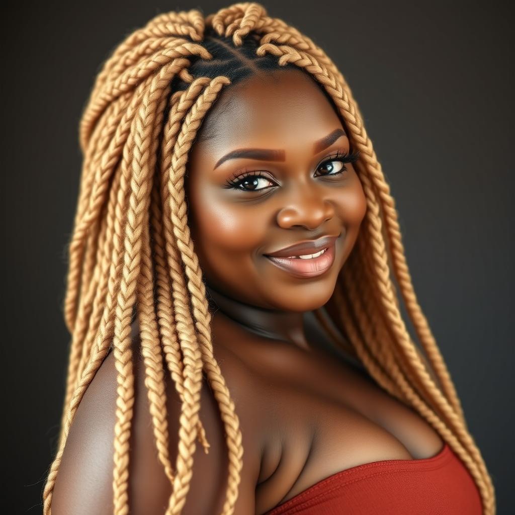 A curvy middle-aged African American woman with long, blonde braided locks, prominently featured in a natural and confident pose