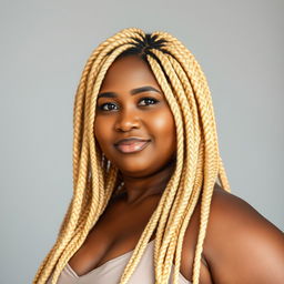 A curvy middle-aged African American woman with long, blonde braided locks, prominently featured in a natural and confident pose