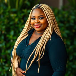 A curvy middle-aged African American woman with long, blonde braided locks, prominently featured in a natural and confident pose