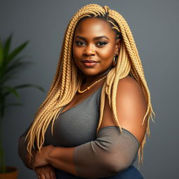 A curvy middle-aged African American woman with long, blonde braided locks, prominently featured in a natural and confident pose