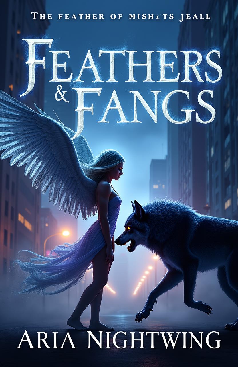 A visually striking book cover design for 'Feathers & Fangs' by Aria Nightwing, capturing the essence of urban fantasy