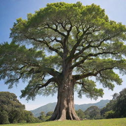 A majestic, towering tree, dominating the landscape with its towering height and expansive canopy. Its trunk is rugged and strong, and its leaves lush and verdant, standing bravely against a clear blue sky.