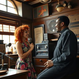 A dynamic scene inside a vintage radio station in the year 1940, featuring a charismatic Black priest engaging in a lively conversation with a young red-haired woman