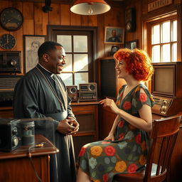 A dynamic scene inside a vintage radio station in the year 1940, featuring a charismatic Black priest engaging in a lively conversation with a young red-haired woman