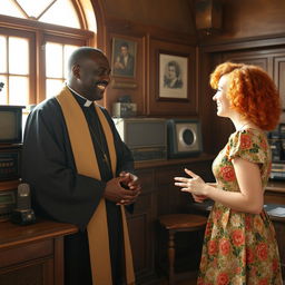 A dynamic scene inside a vintage radio station in the year 1940, featuring a charismatic Black priest engaging in a lively conversation with a young red-haired woman