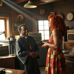 A dynamic scene inside a vintage radio station in the year 1940, featuring a charismatic Black priest engaging in a lively conversation with a young red-haired woman