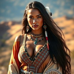 A beautiful Native American woman in traditional attire, showcasing her cultural heritage