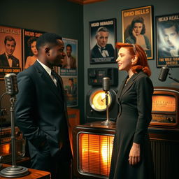 A young, strong black man visiting a young red-haired woman inside a 1940s radio studio