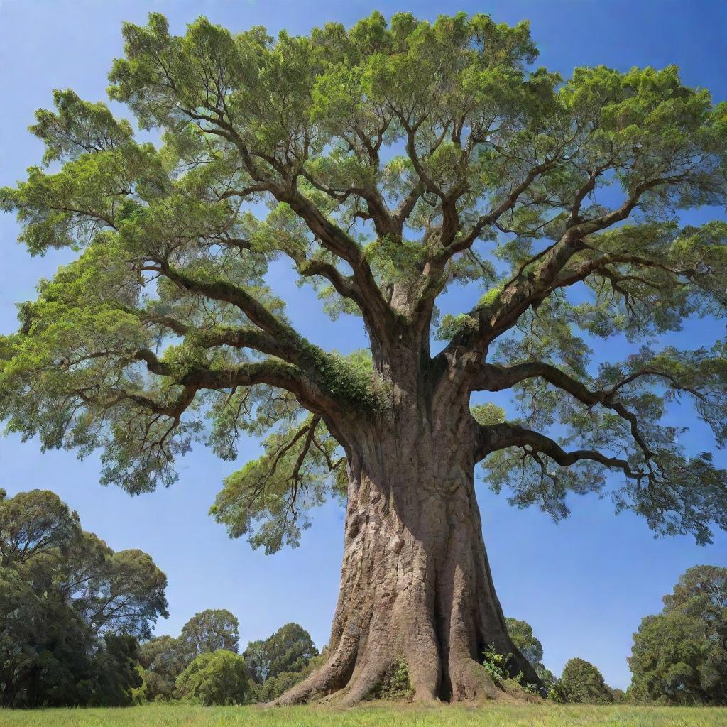 A majestic, towering tree, dominating the landscape with its towering height and expansive canopy. Its trunk is rugged and strong, and its leaves lush and verdant, standing bravely against a clear blue sky.