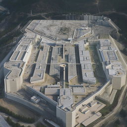 An aerial view of a state-of-the-art maximum-security penitentiary, featuring imposing walls, high-tech surveillance systems, and a complex layout.