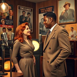 A young, strong black man visiting a young red-haired woman inside a 1940s radio studio