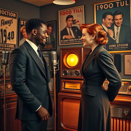 A young, strong black man visiting a young red-haired woman inside a 1940s radio studio