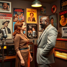 A young, strong black man visiting a young red-haired woman inside a 1940s radio studio