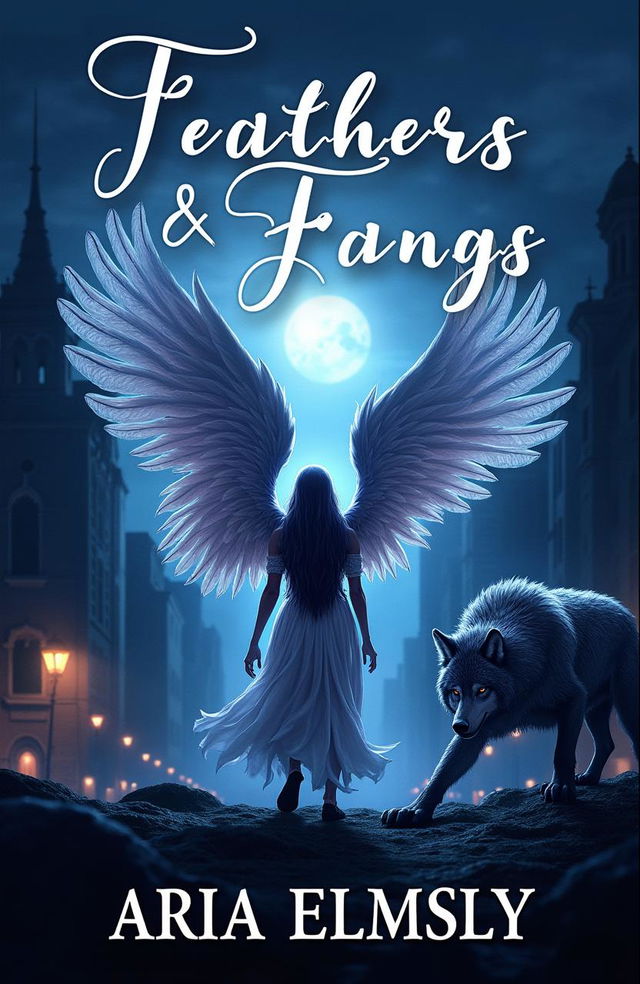 A stunning book cover design for 'Feathers & Fangs', featuring a gripping urban fantasy image