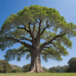 A majestic, towering tree, dominating the landscape with its towering height and expansive canopy. Its trunk is rugged and strong, and its leaves lush and verdant, standing bravely against a clear blue sky.