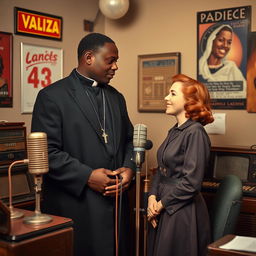 A young, strong black priest visiting a young red-haired woman inside a 1940s radio studio