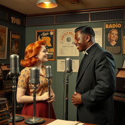 A young, strong black priest visiting a young red-haired woman inside a 1940s radio studio