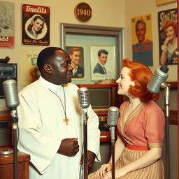 A young, strong black priest visiting a young red-haired woman inside a 1940s radio studio