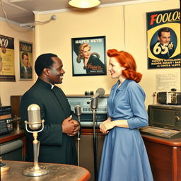 A young, strong black priest visiting a young red-haired woman inside a 1940s radio studio