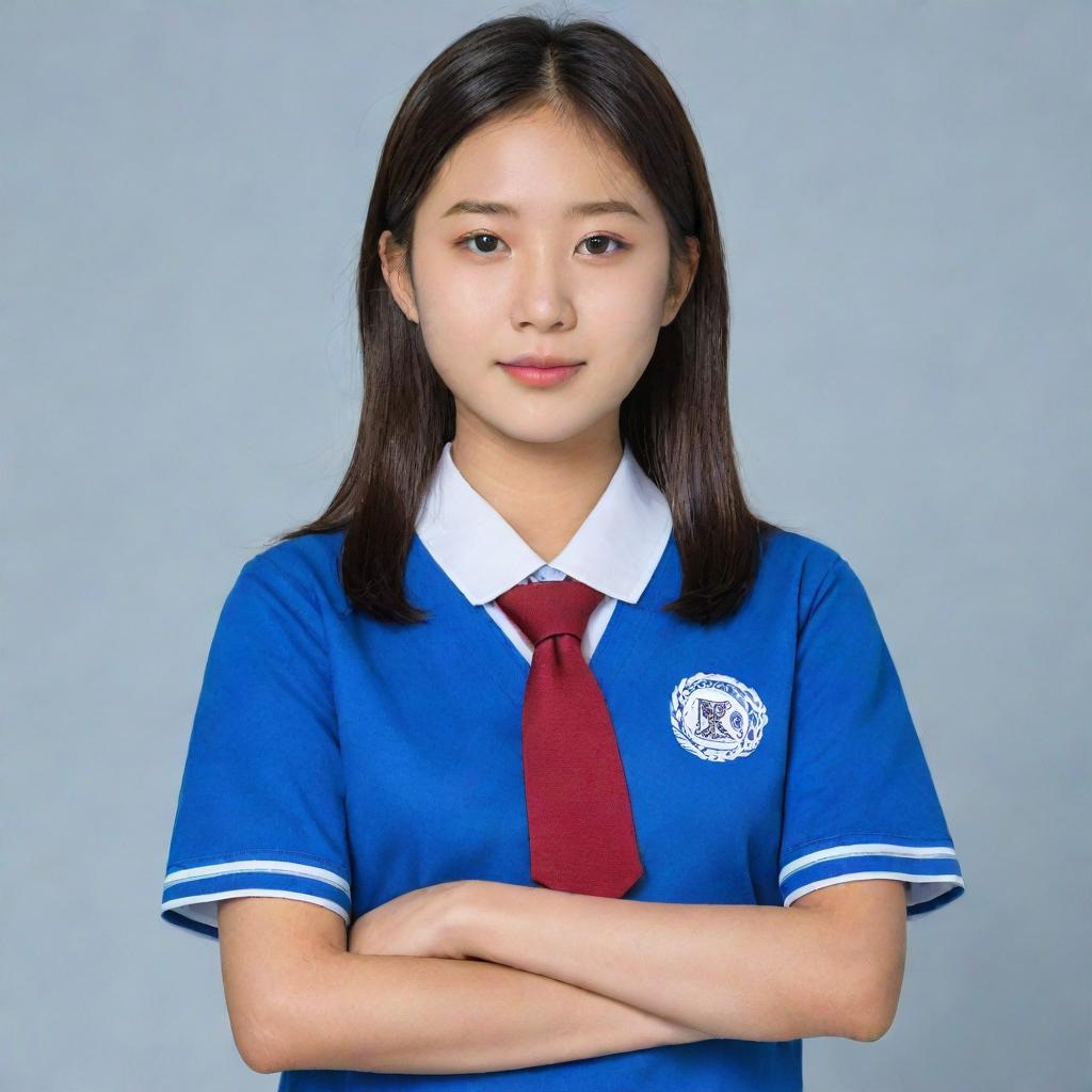 A classic Korean school uniform in bright blue color. The focal point is the school badge featuring the initials 'MDC', prominently displayed on the chest area.