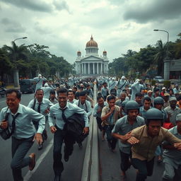 A dramatic scene in Jakarta, showing the iconic Monas under a dim, overcast sky filled with chaos