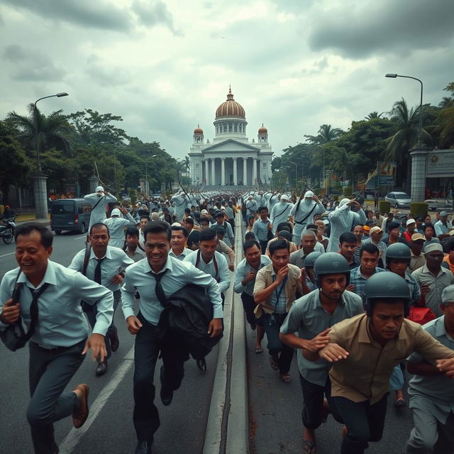 A dramatic scene in Jakarta, showing the iconic Monas under a dim, overcast sky filled with chaos