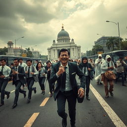 A dramatic scene in Jakarta, showing the iconic Monas under a dim, overcast sky filled with chaos