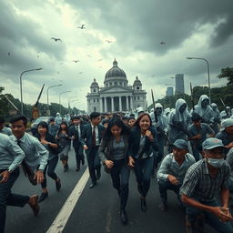 A dramatic scene in Jakarta, showing the iconic Monas under a dim, overcast sky filled with chaos