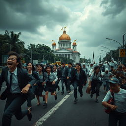 A dramatic scene in Jakarta, showing the iconic Monas under a dim, overcast sky filled with chaos