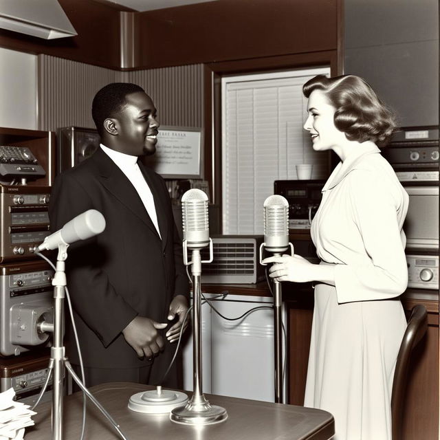 A young black priest visiting a young red-haired woman inside a 1940s radio studio