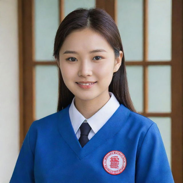 A classic Korean school uniform in bright blue color. The focal point is the school badge featuring the initials 'MDC', prominently displayed on the chest area.