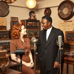 A young black priest visiting a young red-haired woman inside a 1940s radio studio