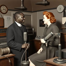 A young black priest visiting a young red-haired woman inside a 1940s radio studio