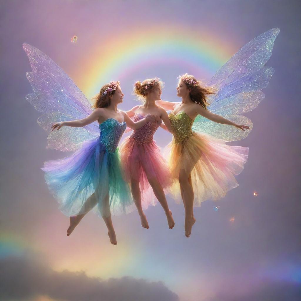 Delightful fairies joyfully dancing on an iridescent rainbow, surrounded by ethereal hearts.