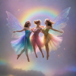 Delightful fairies joyfully dancing on an iridescent rainbow, surrounded by ethereal hearts.