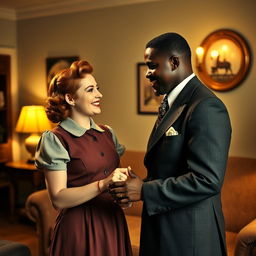 A young Black father showing affection to a young red-haired woman in 1940s America