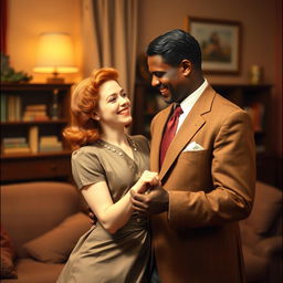 A young Black father showing affection to a young red-haired woman in 1940s America