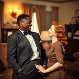 A young Black father showing affection to a young red-haired woman in 1940s America