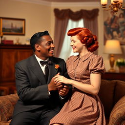 A young Black father showing affection to a young red-haired woman in 1940s America