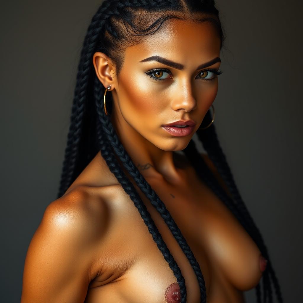 A full body view of a seductive and sensual Native American woman with a toned, muscular build, showcasing her coppery skin and piercing amber eyes