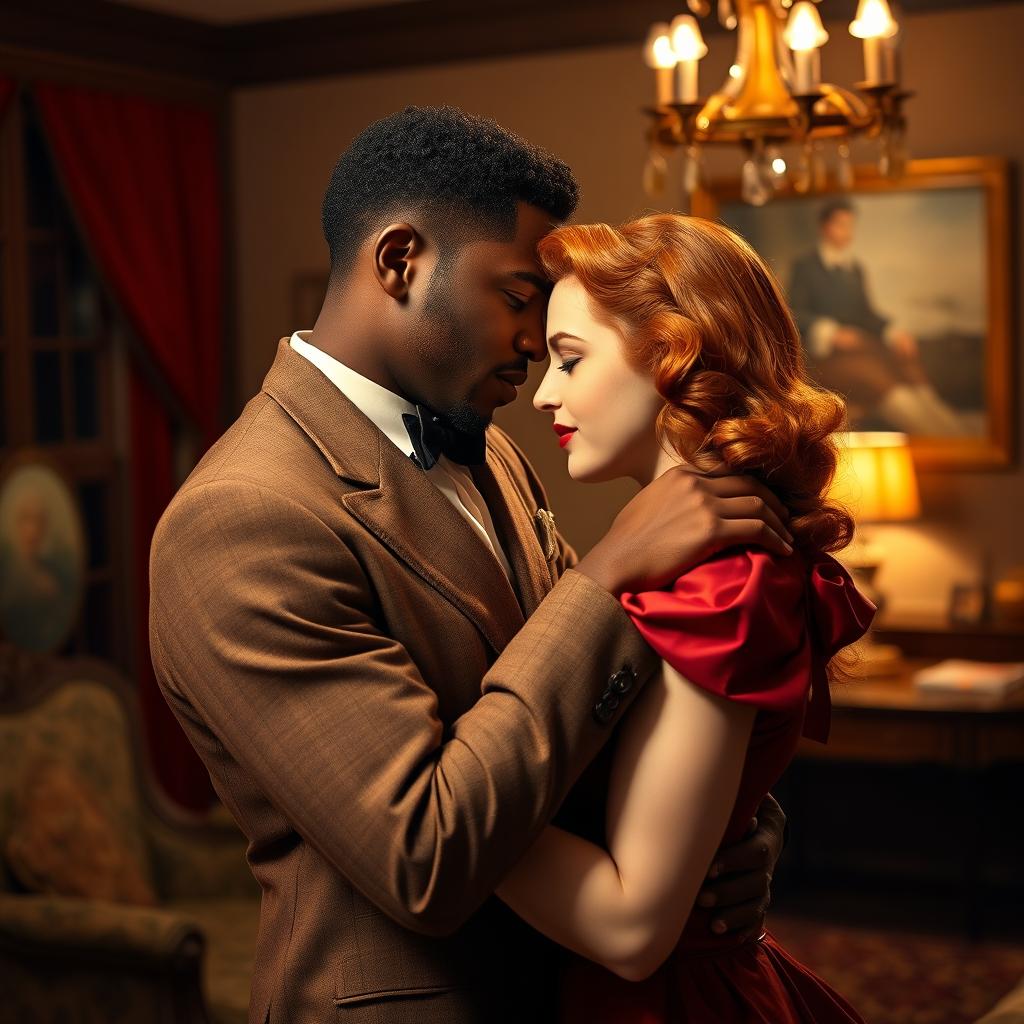 A young Black father and a young red-haired woman in a passionate and romantic embrace in a 1940s setting