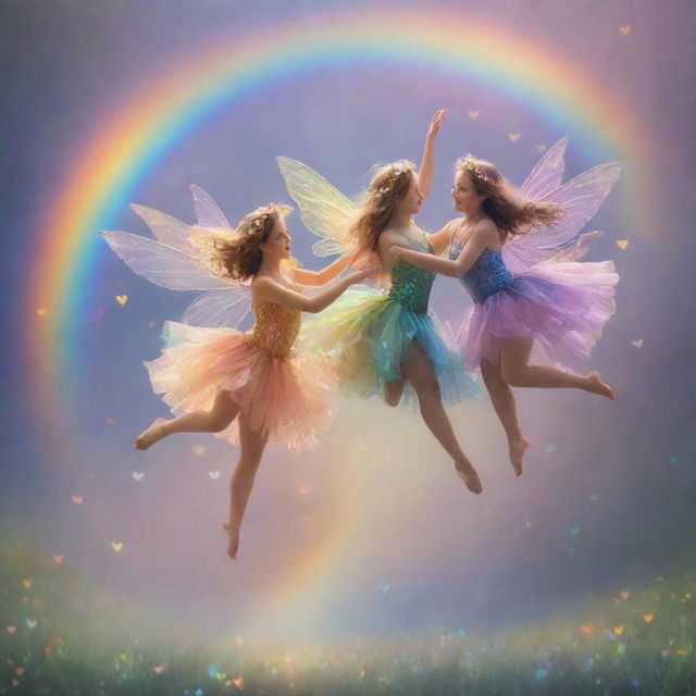 Delightful fairies joyfully dancing on an iridescent rainbow, surrounded by ethereal hearts.