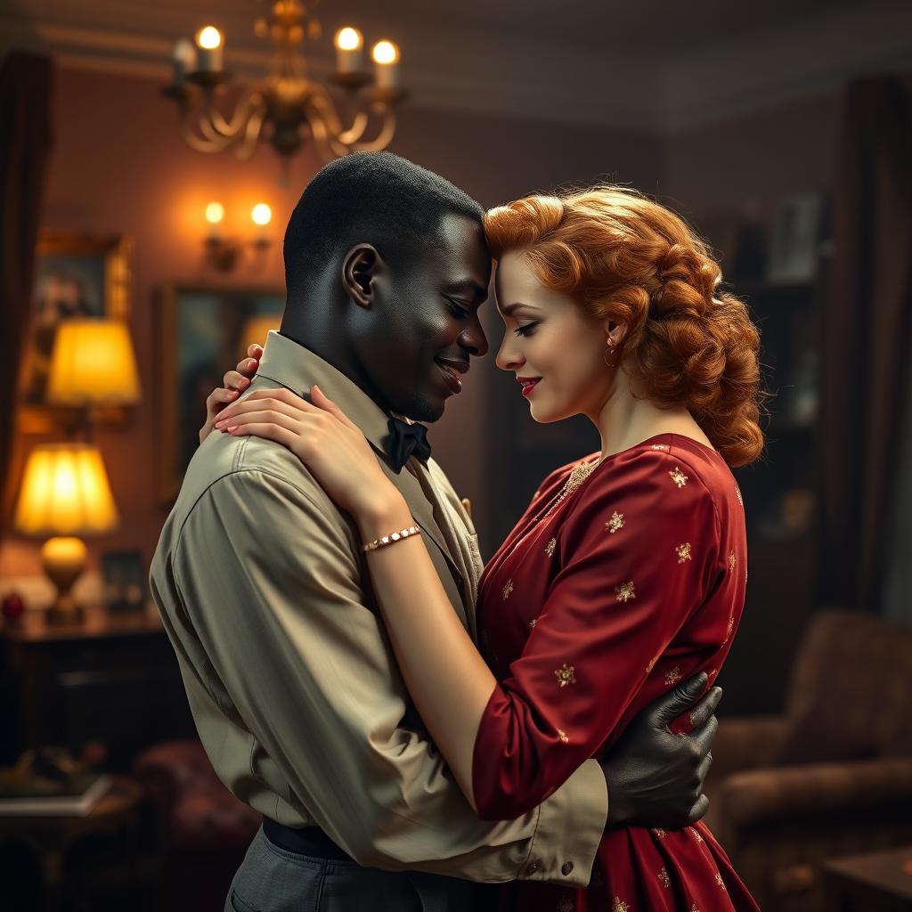 A young Black father and a young red-haired woman in a passionate and romantic embrace in a 1940s setting